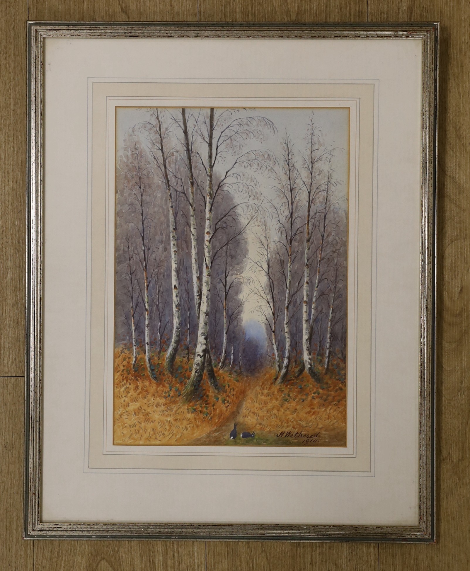 Henry Wethered, watercolour, 'Rabbits and birch trees', signed and dated 1910 with artist inscription verso, 35 x 24cm